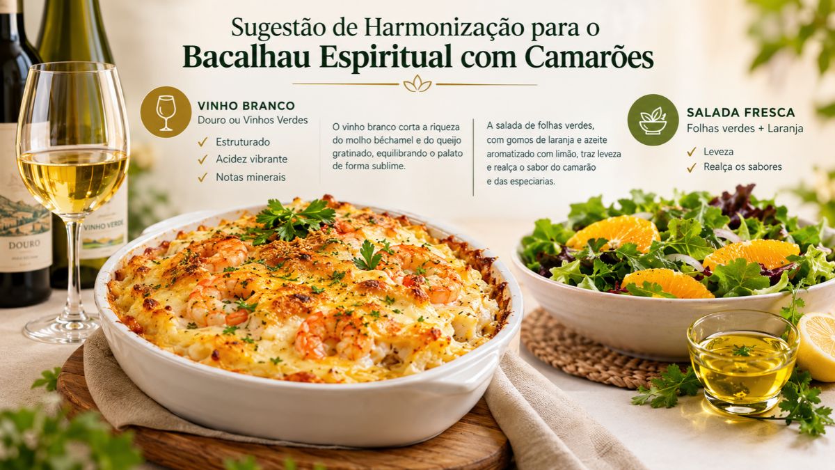 Infográfico culinário com sugestão de harmonização para bacalhau espiritual com camarões, mostrando uma assadeira gratinada, uma taça de vinho branco e uma salada fresca.