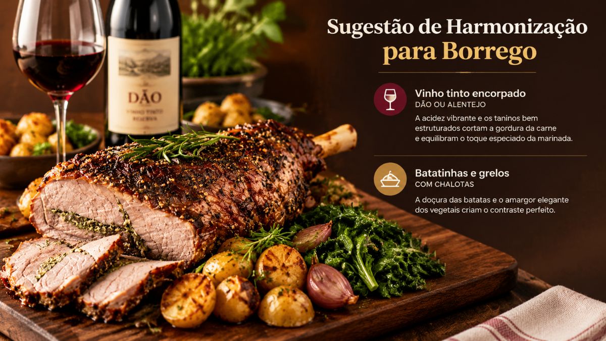 Infográfico com sugestão de harmonização para borrego assado com vinho tinto do Dão ou Alentejo, acompanhado por batatinhas assadas, chalotas e grelos salteados.