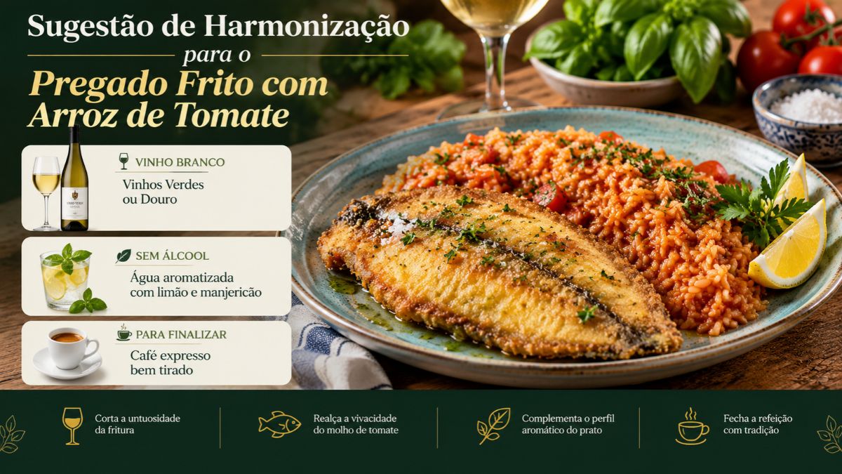 Infográfico de sugestão de harmonização para pregado frito com arroz de tomate apresentando opções de vinho branco dos Vinhos Verdes ou Douro, água aromatizada com limão e manjericão, e café expresso.