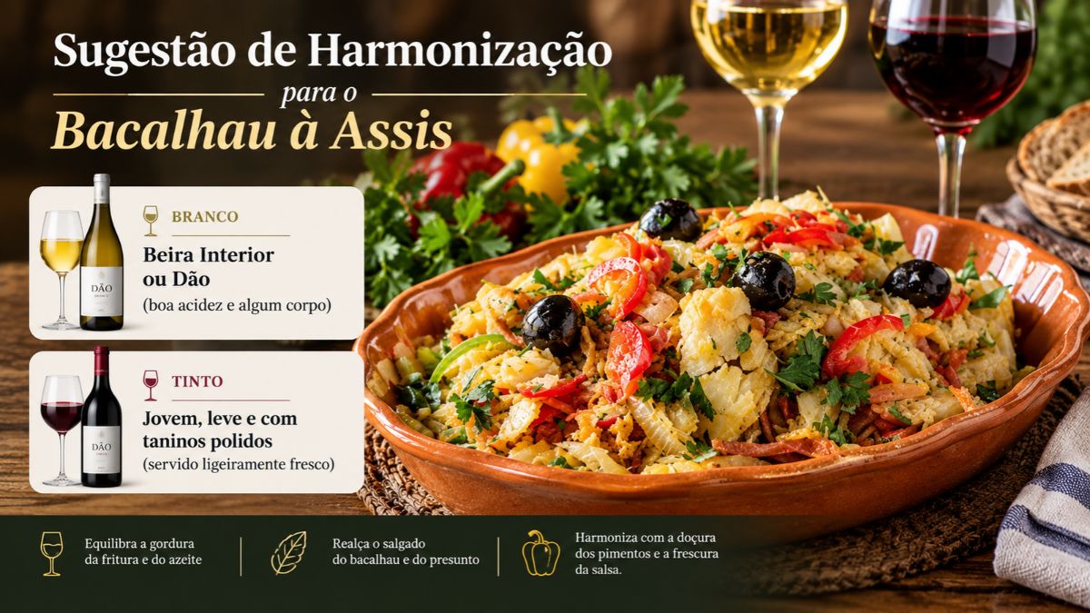 Um infográfico culinário rústico apresenta sugestões de harmonização de vinhos para um prato de Bacalhau à Assis, mostrando um vinho branco Dão e um vinho tinto Dão ao lado de uma travessa de barro cheia com o prato de bacalhau tradicional português decorado com azeitonas pretas e pimentos.