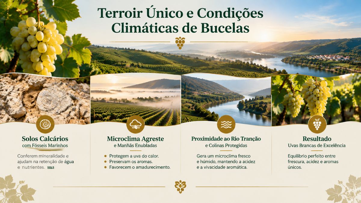 Infográfico sobre o terroir de Bucelas com solos calcários, fósseis marinhos, microclima agreste e rio Trancão para uvas brancas.