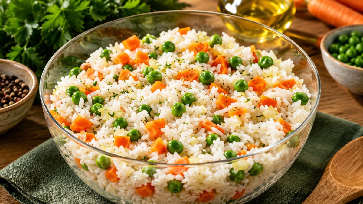 Vista superior de uma tigela transparente de vidro com arroz cozido misturado com ervilhas verdes e cubos de cenoura sobre fundo de madeira