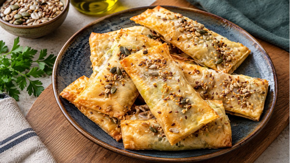 Prato com travesseiros de bacalhau em massa filo dourada salpicados com sementes variadas e acompanhados por salsa fresca.