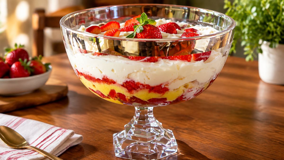 Sobremesa festiva em taça de vidro transparente mostrando camadas de creme amarelo, calda de frutos vermelhos e natas batidas cobertas com morangos frescos.