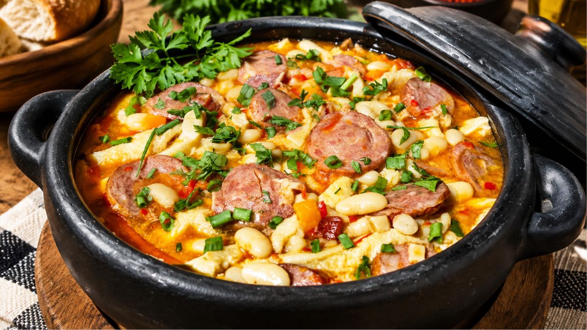 Prato tradicional de Tripas à moda do Porto servido numa panela de barro preta, com feijão-branco, dobrada, chouriço em rodelas e salsa fresca picada.