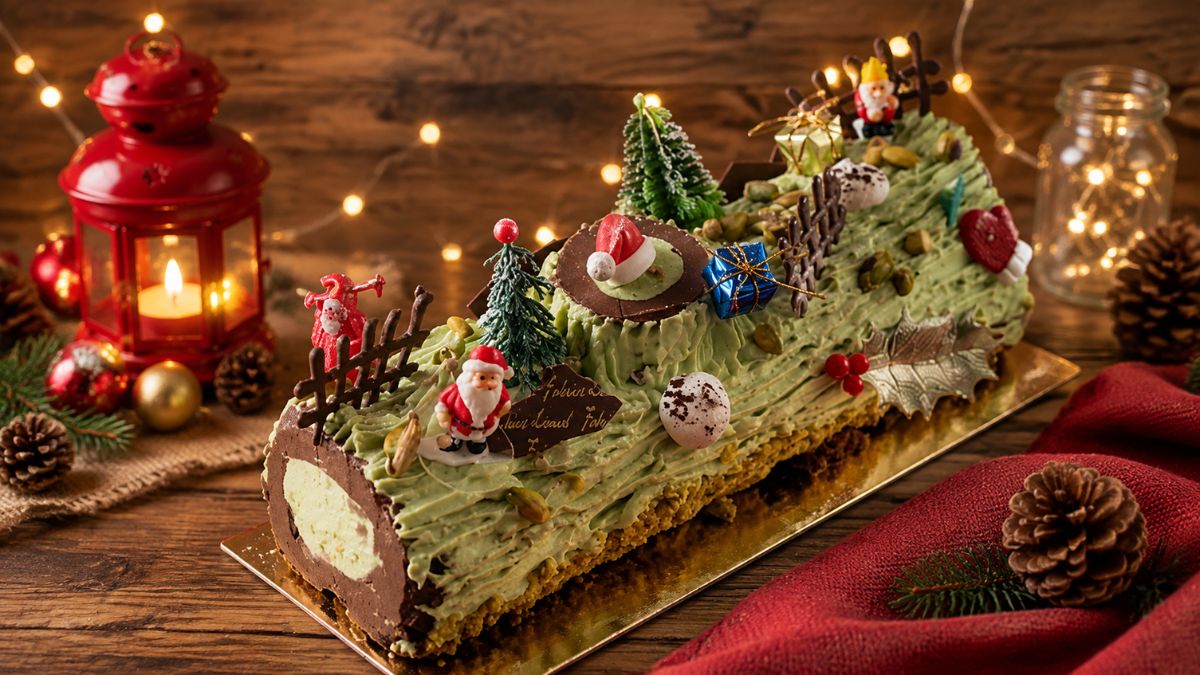 Tronco de Natal gourmet com cobertura verde de pistáchio e decorado com mini figuras de Pai Natal e pinheiros sobre uma mesa de madeira.