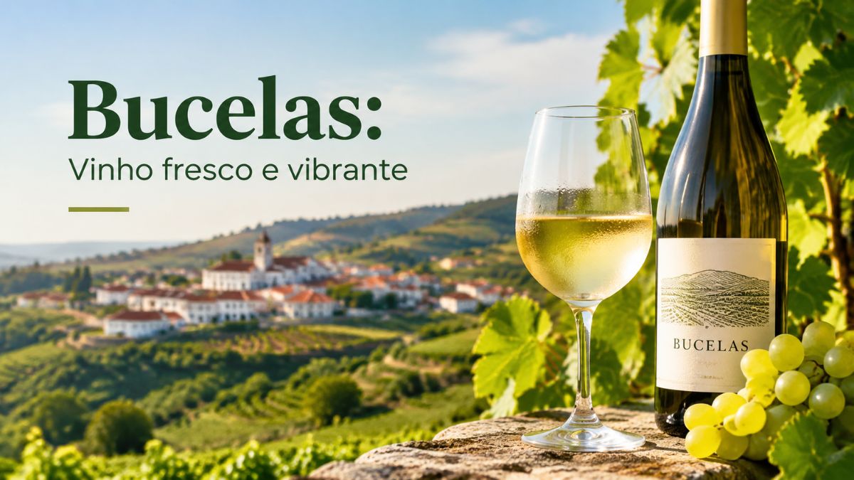 Garrafa e copo de vinho branco de Bucelas junto a cachos de uvas Arinto com paisagem de vinhas e vila ao fundo.