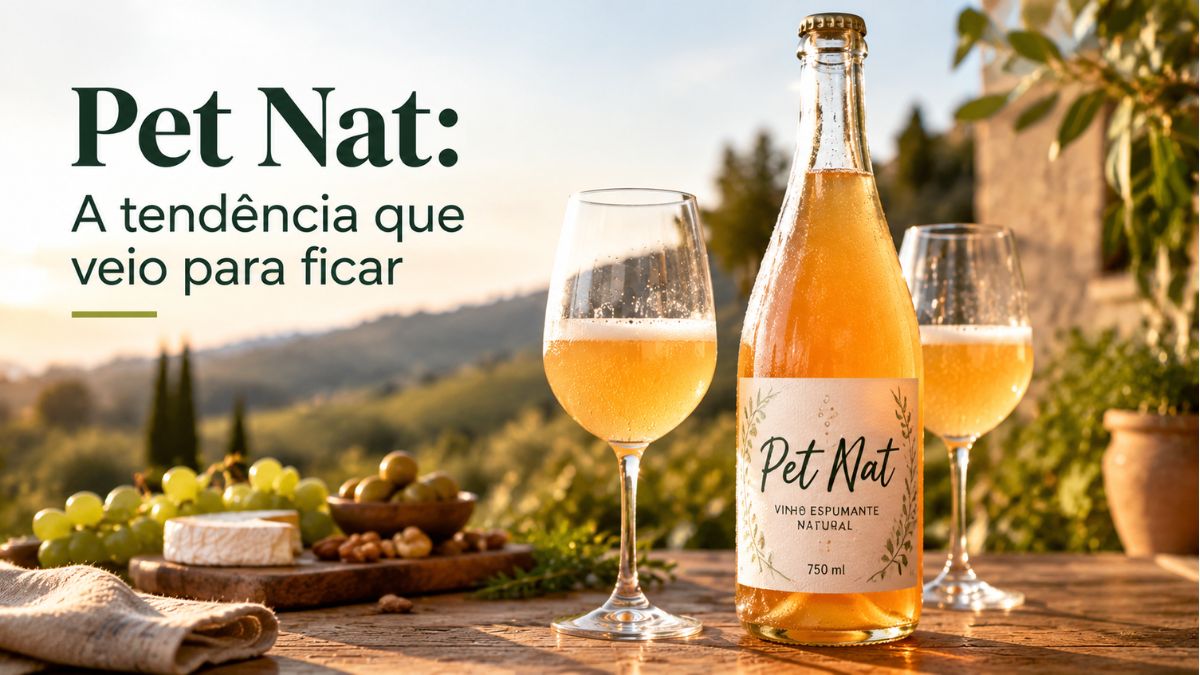 Garrafa de vinho espumante natural Pet Nat com fecho de carica e dois copos cheios numa mesa de madeira com queijo e uvas ao pôr do sol.