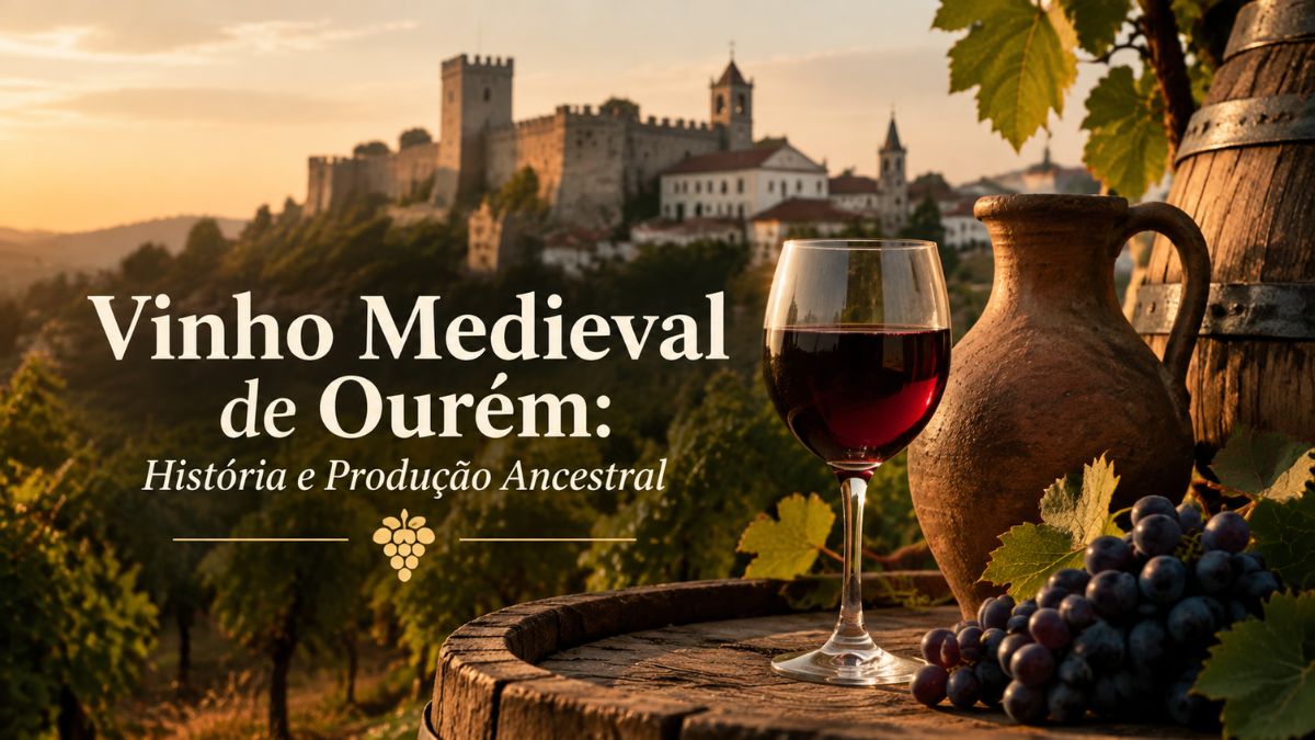 Copo com vinho de cor tinta ligeira e jarra de barro ancestral sobre tonel de madeira com o Castelo de Ourém em fundo ao pôr do sol.