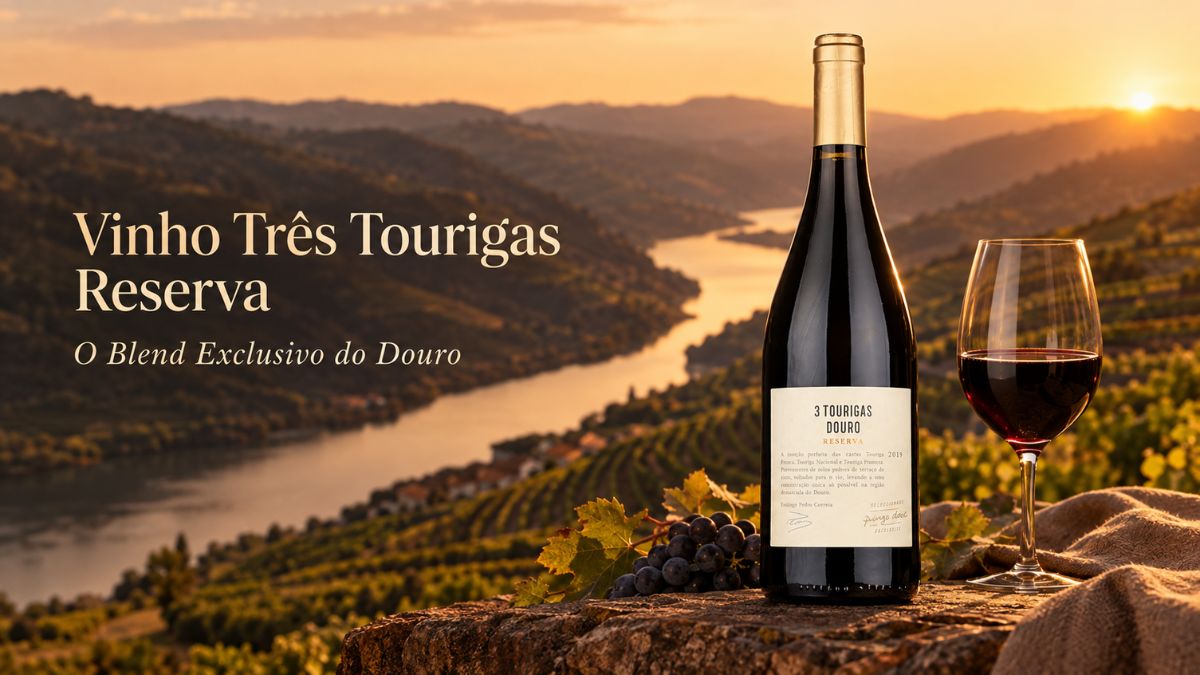 Garrafa de Vinho Três Tourigas Reserva e copo de vinho tinto posicionados numa mureta de pedra com as vinhas e o rio Douro ao pôr do sol.