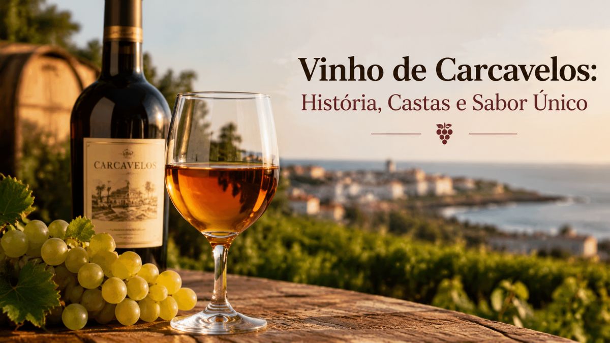 Uma garrafa de vinho fortificado de Carcavelos com rótulo descritivo ao lado de um copo cheio de vinho âmbar e um cacho de uvas brancas frescas. A composição está disposta sobre uma mesa de madeira rústica com uma vinha e uma vila costeira ao pôr do sol como fundo em Portugal.