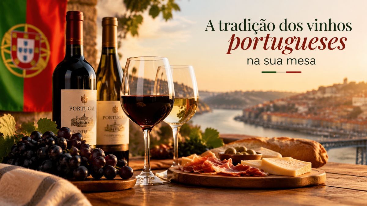 Uma mesa de madeira com dois copos e duas garrafas de vinho português, uvas, queijo, presunto e azeitonas. Ao fundo, a bandeira de Portugal e uma paisagem de vinhas em socalhos numa encosta à beira-rio ao pôr-do-sol.