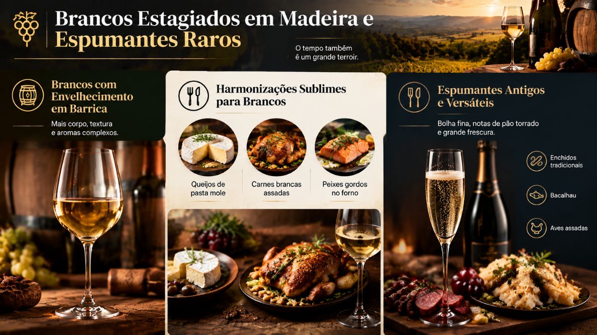 Infográfico sobre vinhos brancos estagiados em barrica de madeira, espumantes antigos versáteis e sugestões de harmonização gastronómica.