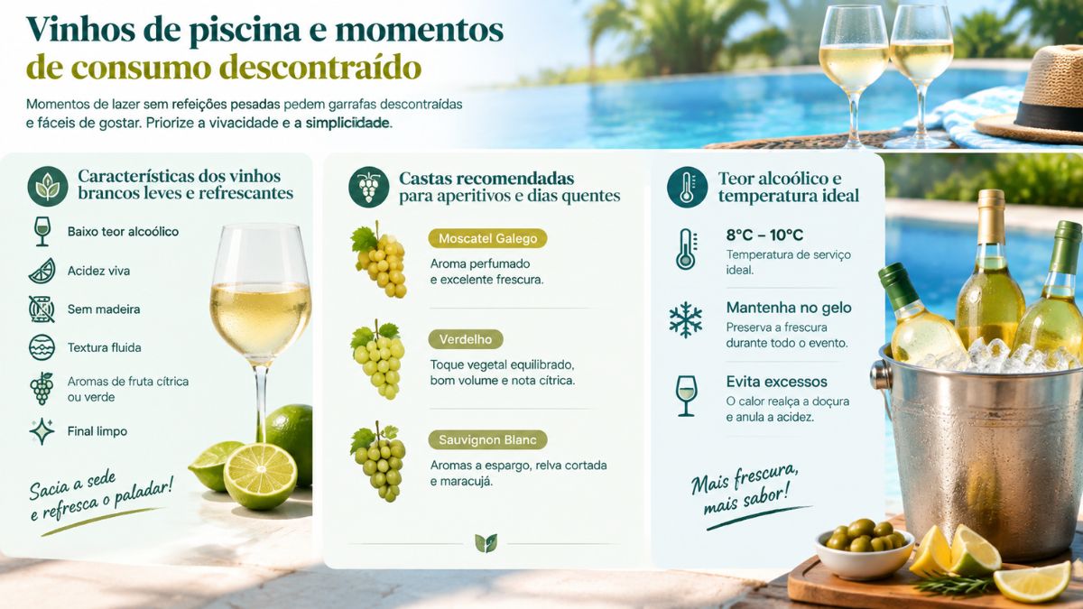 Infográfico informativo sobre vinhos de piscina e momentos de consumo descontraído detalha as características dos vinhos brancos leves e refrescantes, as castas recomendadas para aperitivos em dias quentes e os cuidados com o teor alcoólico e a temperatura ideal de serviço.