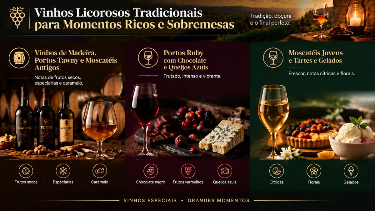 Infográfico sobre vinhos licorosos tradicionais portugueses como Vinho de Madeira, Porto e Moscatel com opções de harmonização para sobremesas.
