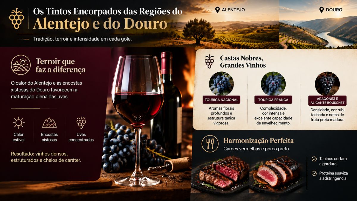Infográfico sobre tintos encorpados do Alentejo e Douro com copo de vinho tinto, castas nobres e pratos de carne.